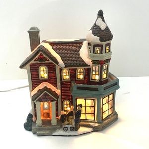 Christmas Holiday Lighted VILLAGE HOTEL Porcelain Hand Painted Window Scene